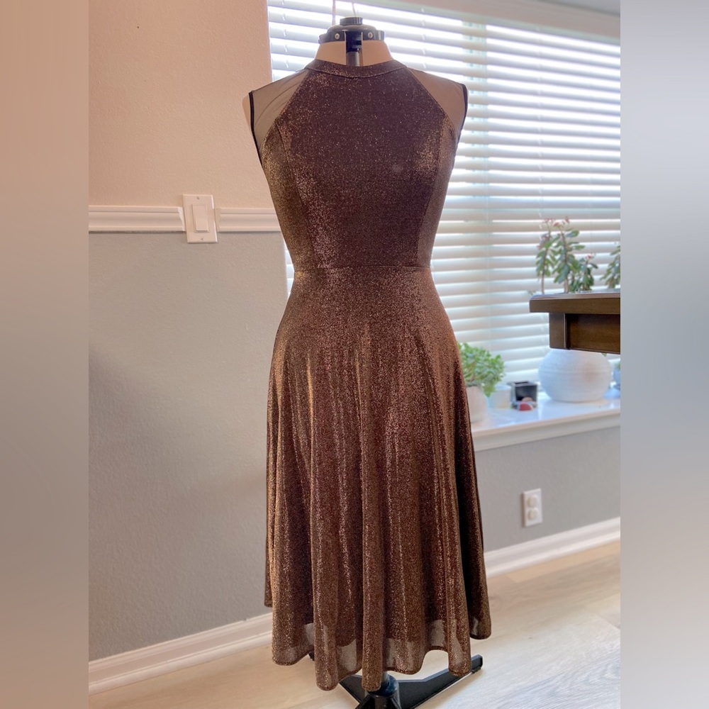 ECI New York Gold shimmer dress w/black sheer details; size 8; new w/tags